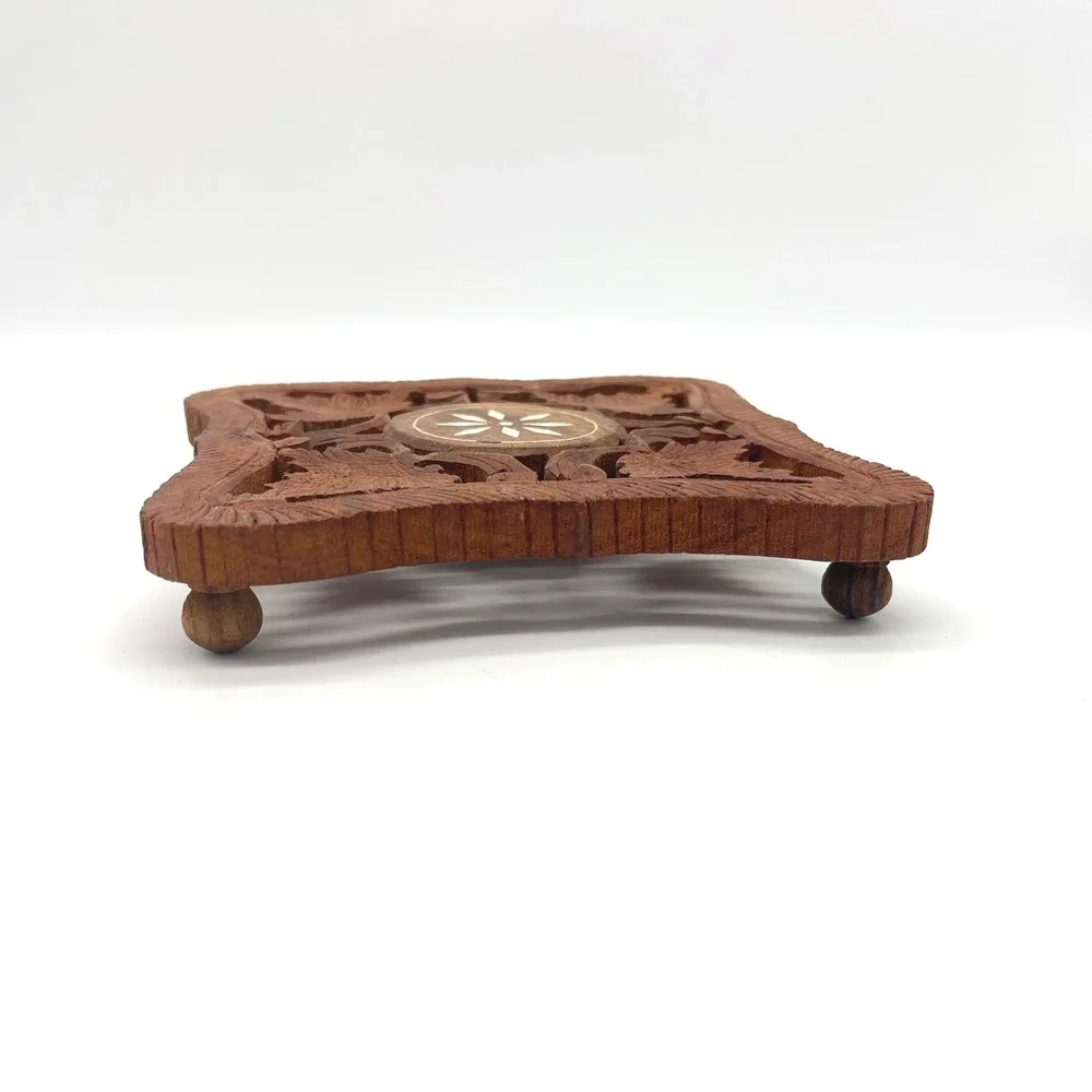 Vintage Hand Carved Wood Trivet India Leaf Design Inlay Footed Hot Pad‎ 6in